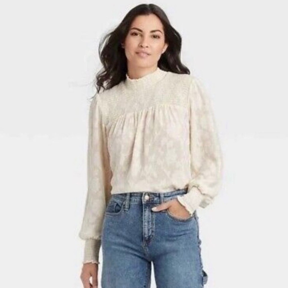 Knox Rose Long Sleeve High Neck Smocked Blouse Ivory Floral XL